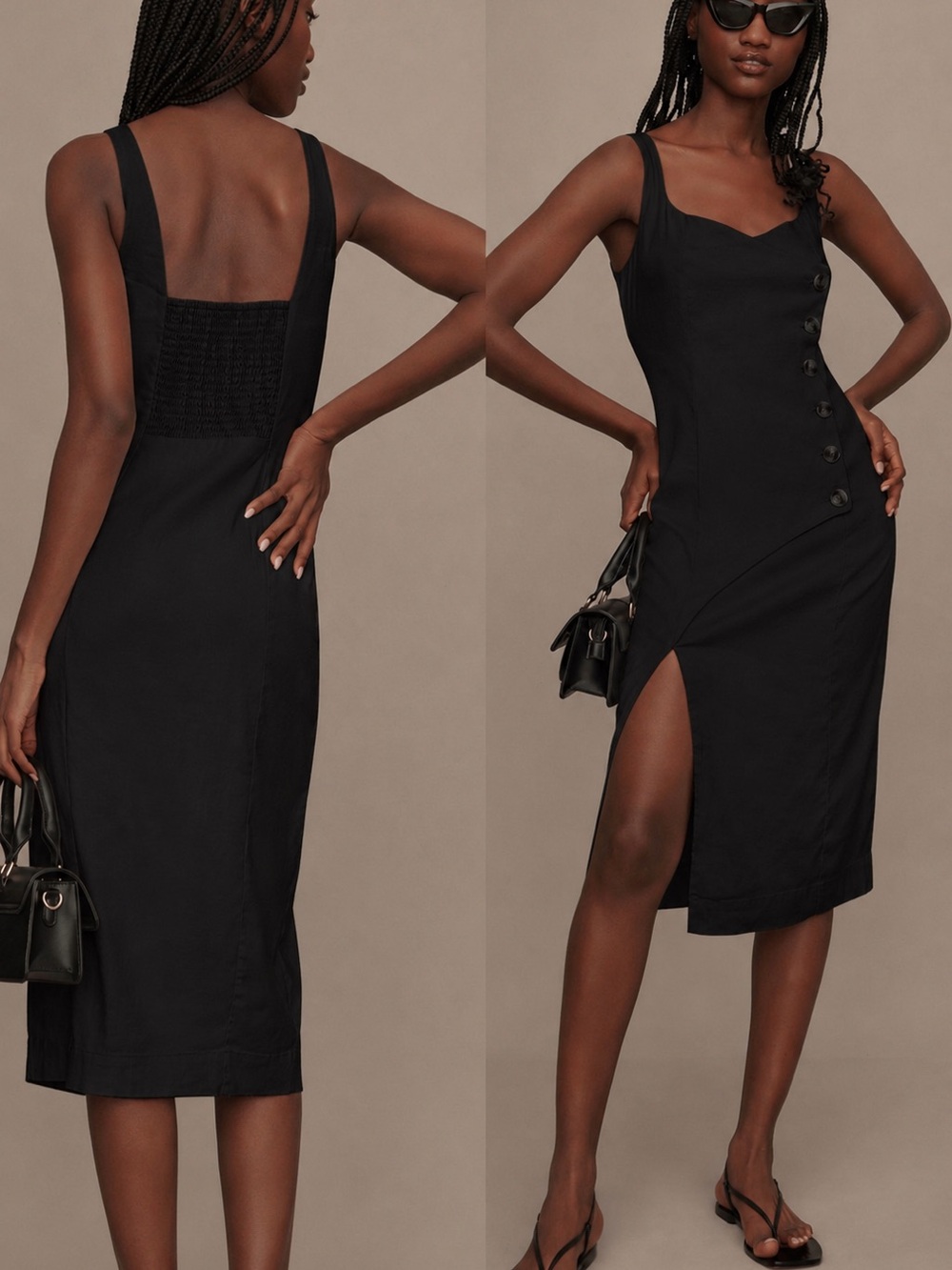 Anthropologie Black Button-Side Sweetheart Midi Dress